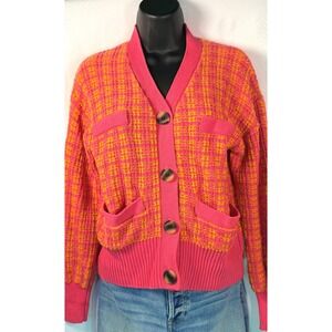 Eclectic Grandpa Pink Yellow Plaid Knit Cardigan Sweater Button‎ Pockets XS